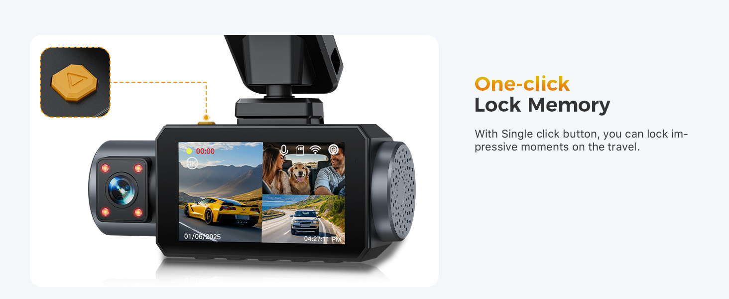 Dashboard camera display showing interface with one-click lock memory feature. Screen displays road view with yellow vehicle visible.