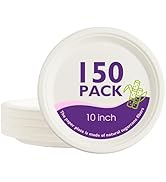 PACKINNO Compostable Paper Plates 10 Inch 150 Pack, Biodegradable Disposable Plates Heavy Duty Wh...