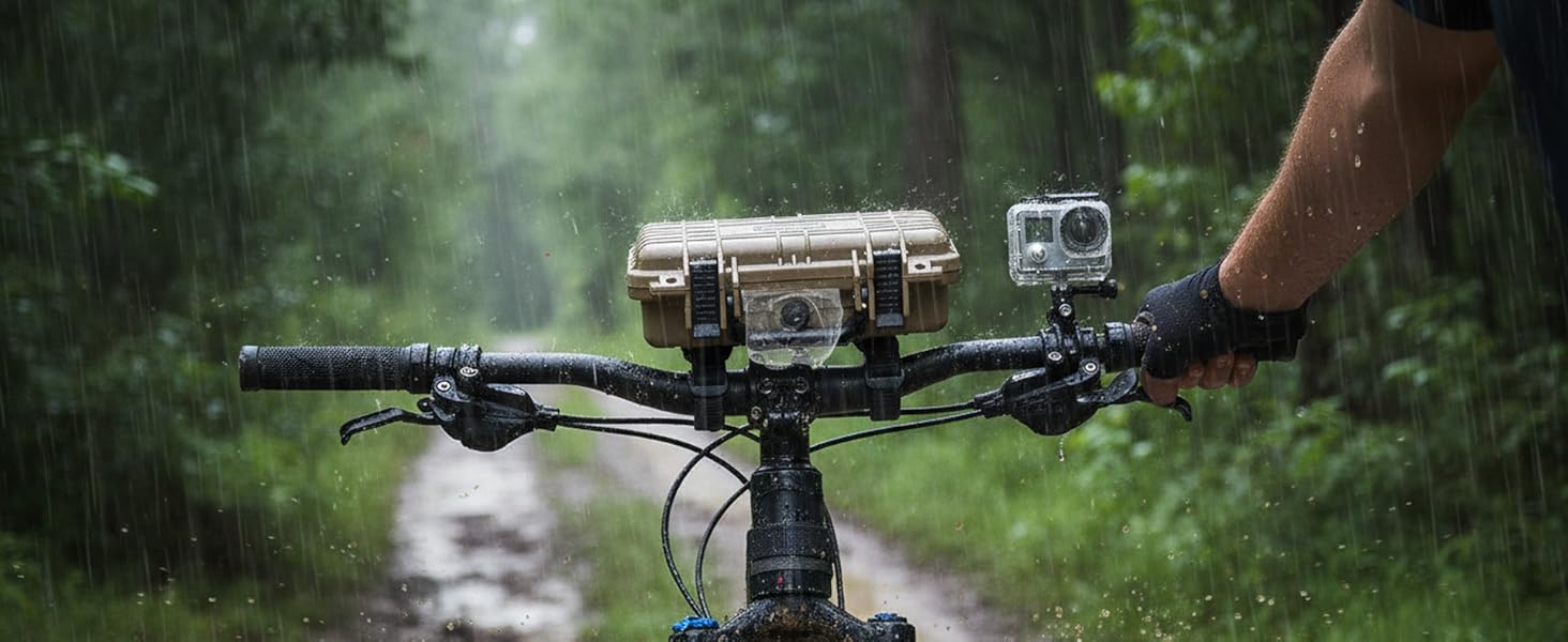 Text reads 'Image 5'. Multiple views of a mountain bike on forest trails, showing handlebars, mounted camera equipment, and rider perspective shots.