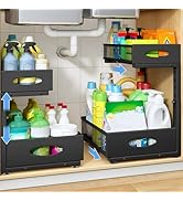 Under Sink Organizer, 2 Pack 2 Tier Pull Out Under Cabinet Organizer Shelf with Pad for Framed Ca...