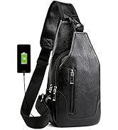 Peicees Leather Sling Bag Mens Crossbody Bag Chest Bag Sling Backpack for Men with USB Charge Port