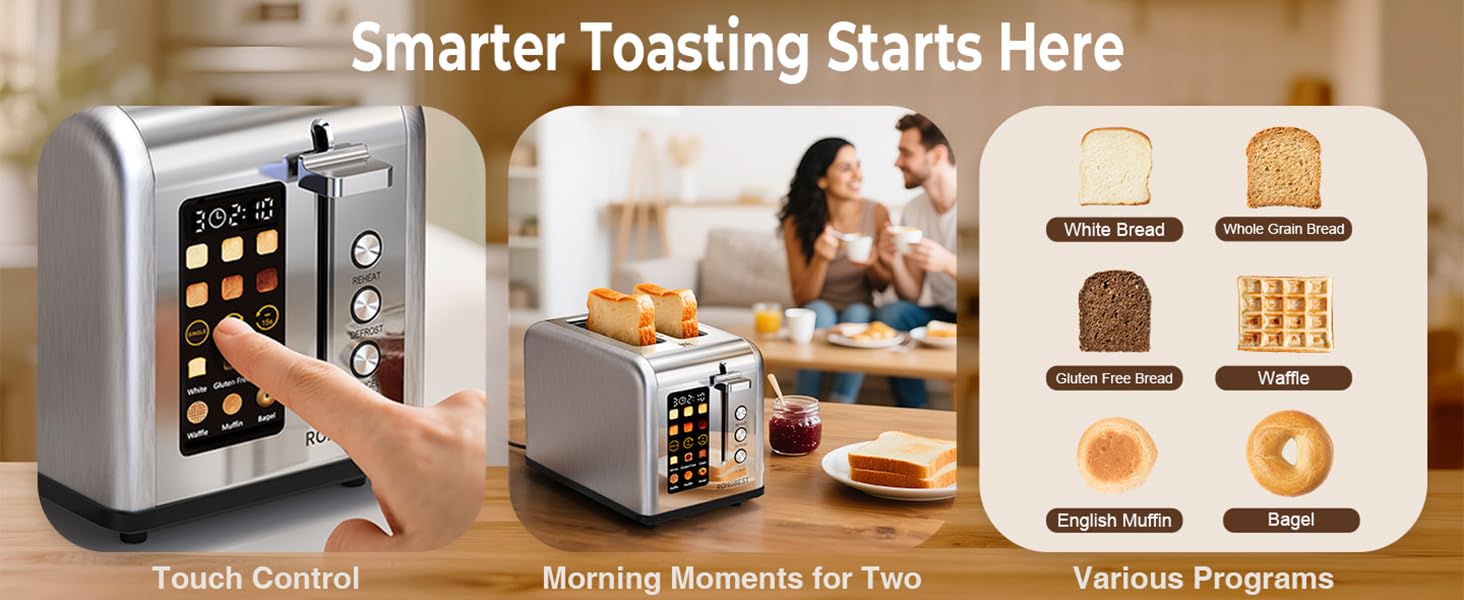 Touchscreen toaster with 6 bread programs, smart control, and perfect for couples’ breakfast.