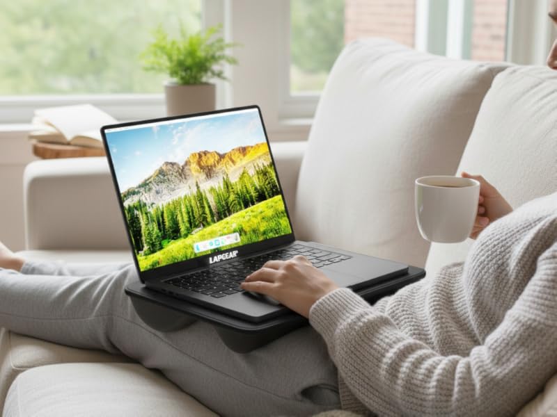man sitting on the couch using a compact lap desk with his laptop on the surface of it.