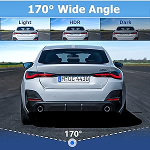 Rear view of a white car demonstrating 170° wide-angle camera view in three lighting conditions: Light, HDR, and Dark.