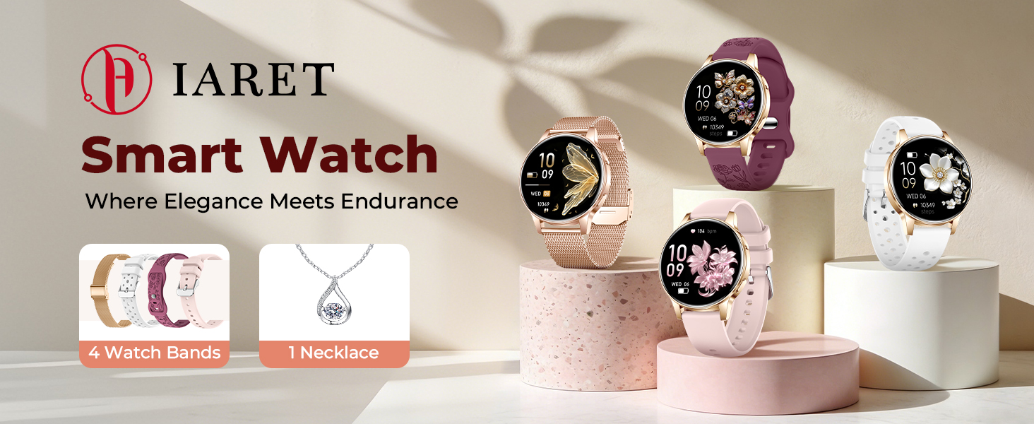 IARET smart watch women gift set, 4 bands, 1 crystal necklace, 40mm rose gold fitness tracker