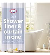 Clorox 2-in-1 Bathroom Shower Curtain Liner, Durable Fabric, Weighted Magnets for Bath Water Cont...
