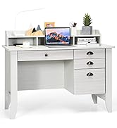 Tangkula White Computer Vintage Desk with 4 Storage Drawers &amp; Hutch, Storage Shelves, Wooden Exec...