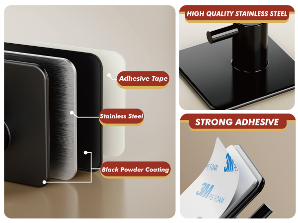 Premium coat hook construction: stainless steel, black powder coating, and strong adhesive tape