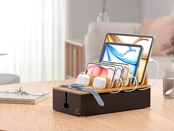 Pezin & Hulin Bamboo Charging Station Organizer for Multiple Devices Desktop Docking Charging Stand