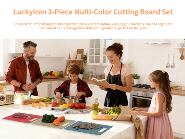 3-piece multi-color plastic cutting board, designed to prevent cross-contamination in the kitchen.
