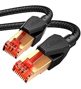 Heavy-duty black network cable with reinforced connectors. Features gold-plated RJ45 connectors with red internal components and braided black cable housing.