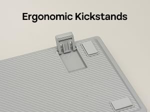 Text reads 'Ergonomic Kickstands'. Gray technical product sketches or diagrams showing various angles of what appears to be a device stand or support system.