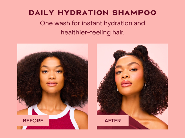 Two images of the same woman comparing her hair before and after applying our hydration shampoo.
