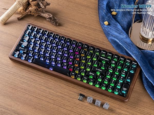 98% Wireless Mechanical Keyboard with Number Pad Natural Walnut Wood Gaming Keyboard