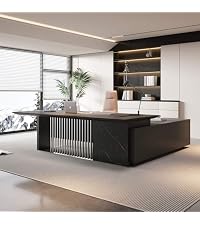 63 Inch L-Shaped Executive Desk, Industrial Modern Wood Office Desk with Locking Drawers, Built-in C...