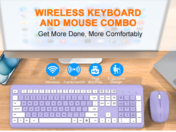 Wireless Keyboard and Mouse Combo, Full Size Silent Ergonomic Keyboard Mouse