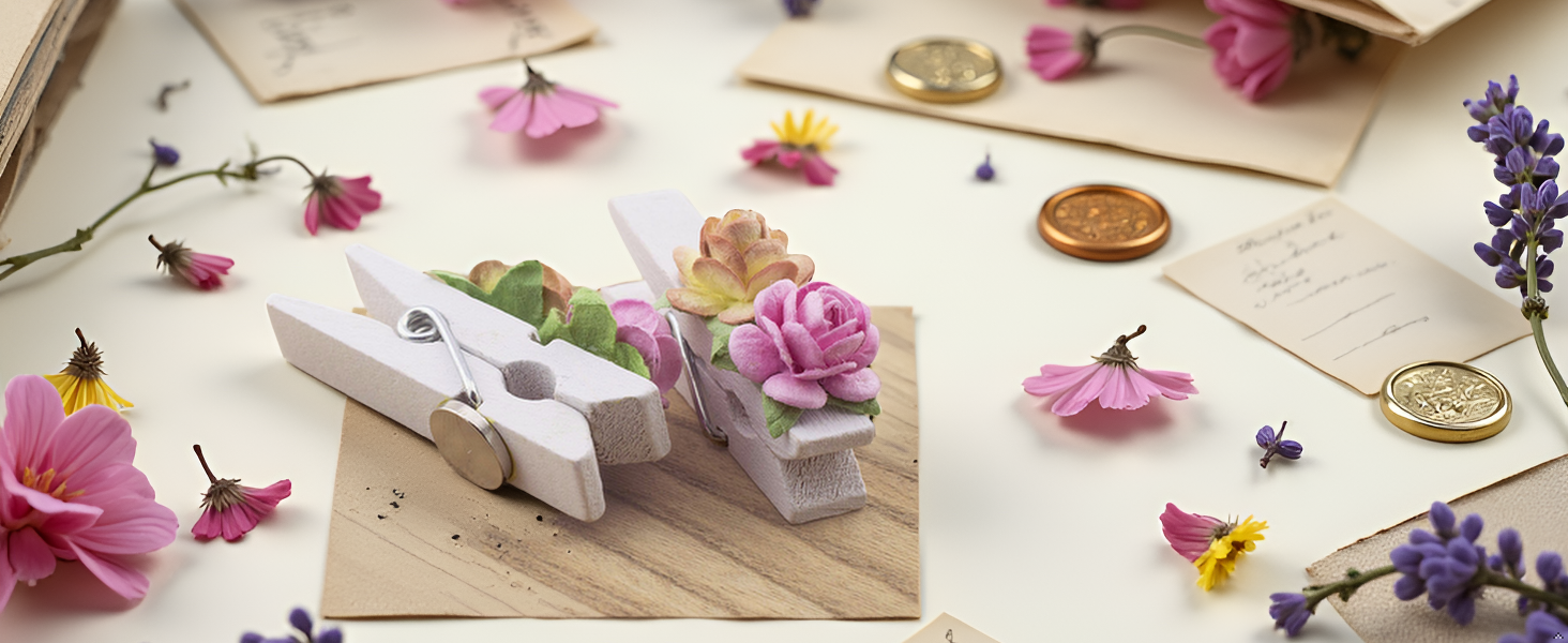 Handmade Mulberry Flower Decorated Mini White Wooden Clothespin Fridge Magnet