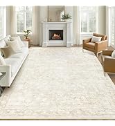 9x12 Area Rugs for Living Room: Washable Large Vintage Floral Rug Low Pile Non-Slip Boho Carpet f...