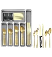 49Pcs Silverware Set with Organizer, Golden Stainless Steel Flatware Set for 8 Cutlery Utensil Se...
