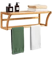 Tangkula Wall Mount Bathroom Shelf with Towel Bars, Bamboo Storage Towel Shelf, for Bath &amp; Househ...