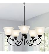 5-Light Black Chandelier, Farmhouse Dining Room Light Fixture with Opal Glass Shade, Modern Chand...