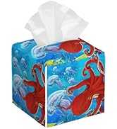 BLYKVGHQ Octopus and Jellyfish Tissue Box Cover Square, Coral Reef Tissue Box Holder with Bottom ...