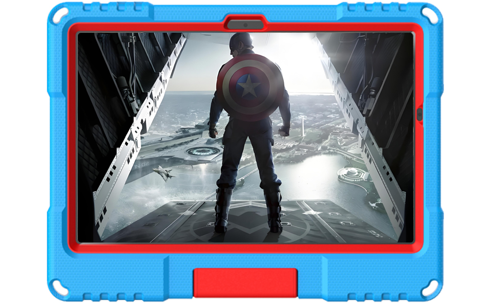 Child-friendly tablet case in blue and red with protective bumpers, displaying movie content on screen. Case features reinforced corners and built-in stand.