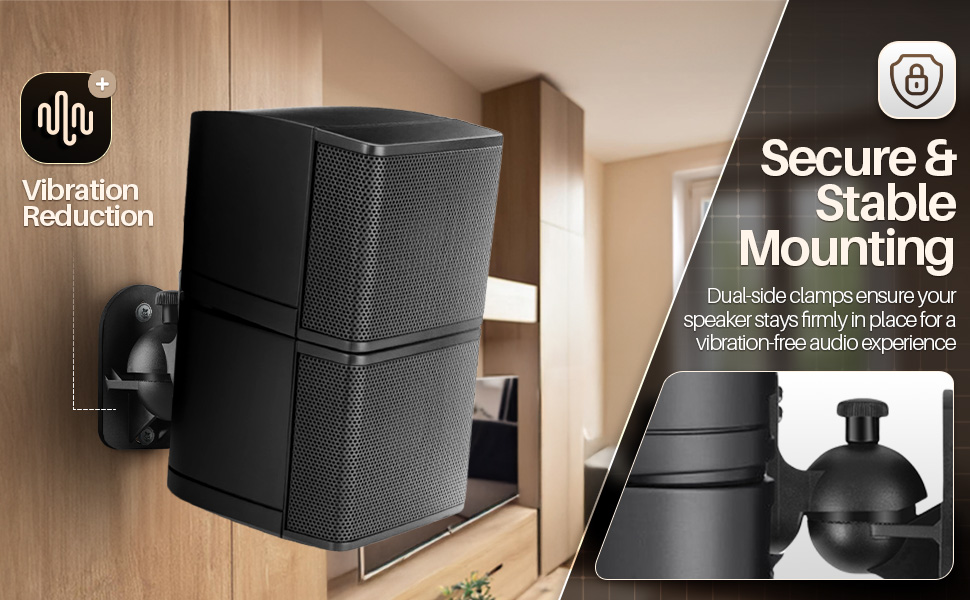 Close-up of clamp and isolation pad showing surround sound speaker wall mount design.