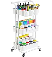 Pipishell 3 Tier Rolling Cart - Art &amp; Craft Organizer Cart with Hanging Cups &amp; Hooks - White Meta...
