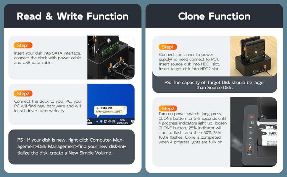 2.5 3.5 inches SATA DOCKING STATION WITH CLONE READ WRITE FUNCTION