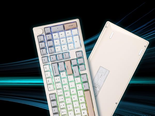 a computer keyboard with a light blue background.