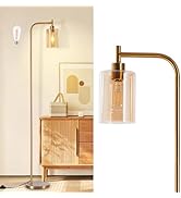 DLLT Floor Lamp Tall for Room: Gold Standing Lamp with Amber Glass Lampshade for Living Room - Mo...
