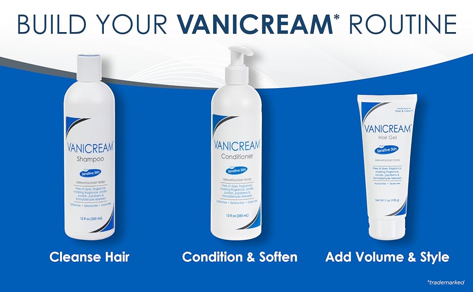 Vanicream hair care routine with shampoo, conditioner, and gel for gentle cleansing and styling