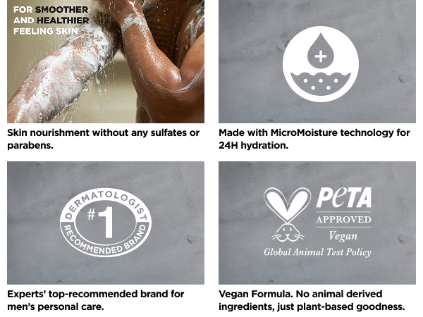 Icons about no sulfates or parabens, MicroMoisture, expert's recommended brand &amp; PETA approved seal.