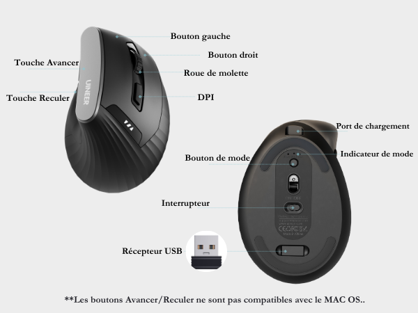 Ergonomic wireless mouse with labeled features including forward/backward buttons, scroll wheel, DPI adjustment, mode button, and USB receiver. Rechargeable via charging port with mode indicator lights.