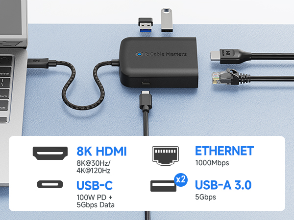 USB C Hub HDMI 2.1, Up to [8K@30Hz/4K@120Hz, 100W Charging, 5Gbps Data