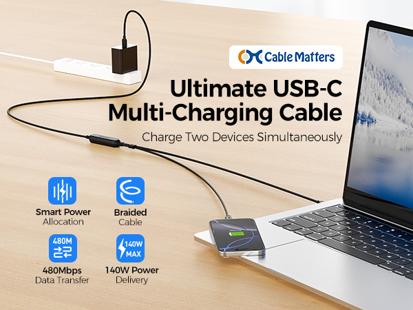 USB C multi charging cable with 140W PD for charging laptop and smartphone simultaneously.