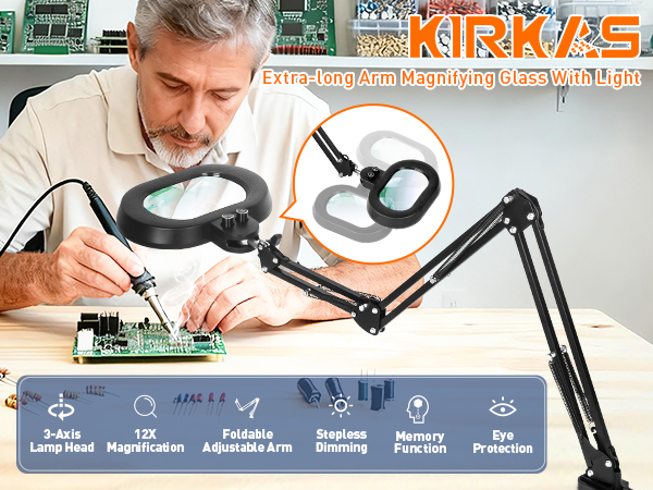 12X Magnifying Glass with Light Clamp Extra-long Arm Overhead Knob Workbench Lighted Magnifier Lamp