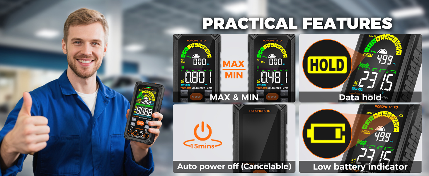 MAX &amp;amp; MIN, Data hold, Auto power off (Cancelable), Low battery indicator