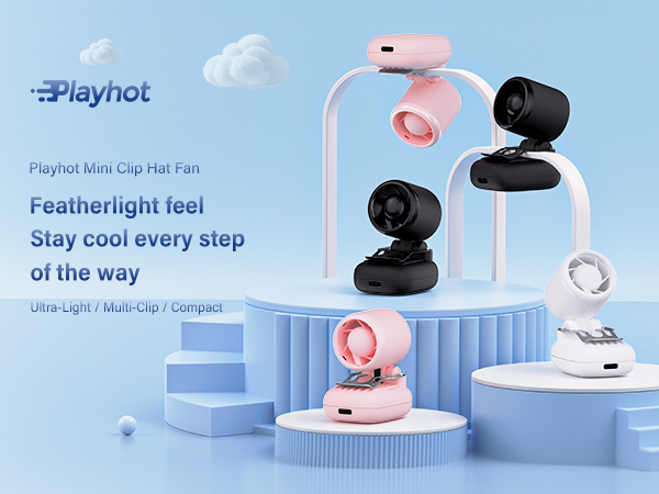 Portable clip-on fan for hats in pink white and black colors for everyday stylish outdoor cooling