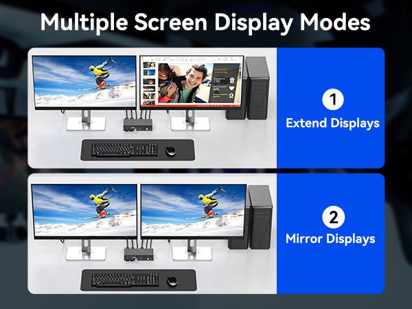 Dual monitor setup demonstration showing two display modes: 'Extend Displays' with different content and 'Mirror Displays' showing identical content across screens.
