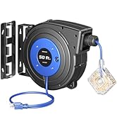 DEWENWILS 50FT Extension Cord Reel, Retractable Cord Reel, Twist-lock Stopper, 14/3C SJTOW, 6 Gro...