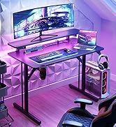 MOTPK Small Gaming Desk with LED Lights &amp; Power Outlets, 31 Inch Computer Desk Gaming Table with ...