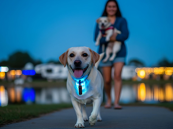 Yellow Labrador wearing glowing blue LED collar walking at night with illuminated waterfront in background.