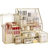 UShioart Large Glass Makeup Organizer Drawer Set Beauty Storage Bathroom Counter Organizer Cosmet...