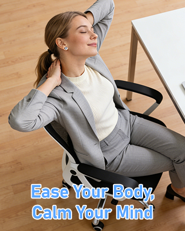 Office worker stretching neck at desk – Feyano massagers relieve work-related muscle tension