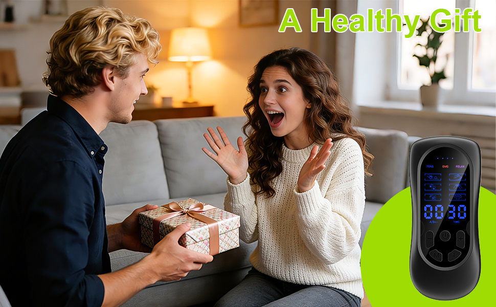 Text reads 'A Healthy Gift'. Scene showing someone presenting a gift box in a living room setting, with a digital device display visible on the right side.