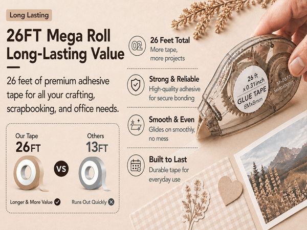 208 ft glue tape, 8 pack, double-sided roller, paper crafts