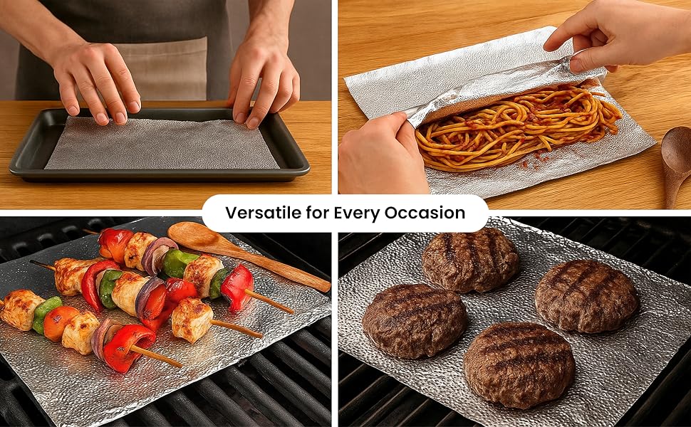 Heavy-duty aluminum foil sheets used for baking, wrapping food, grilling kebabs etc.