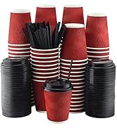 NYHI Red Disposable Paper Cups with Black Lids and Straws, 8oz, Set of 100